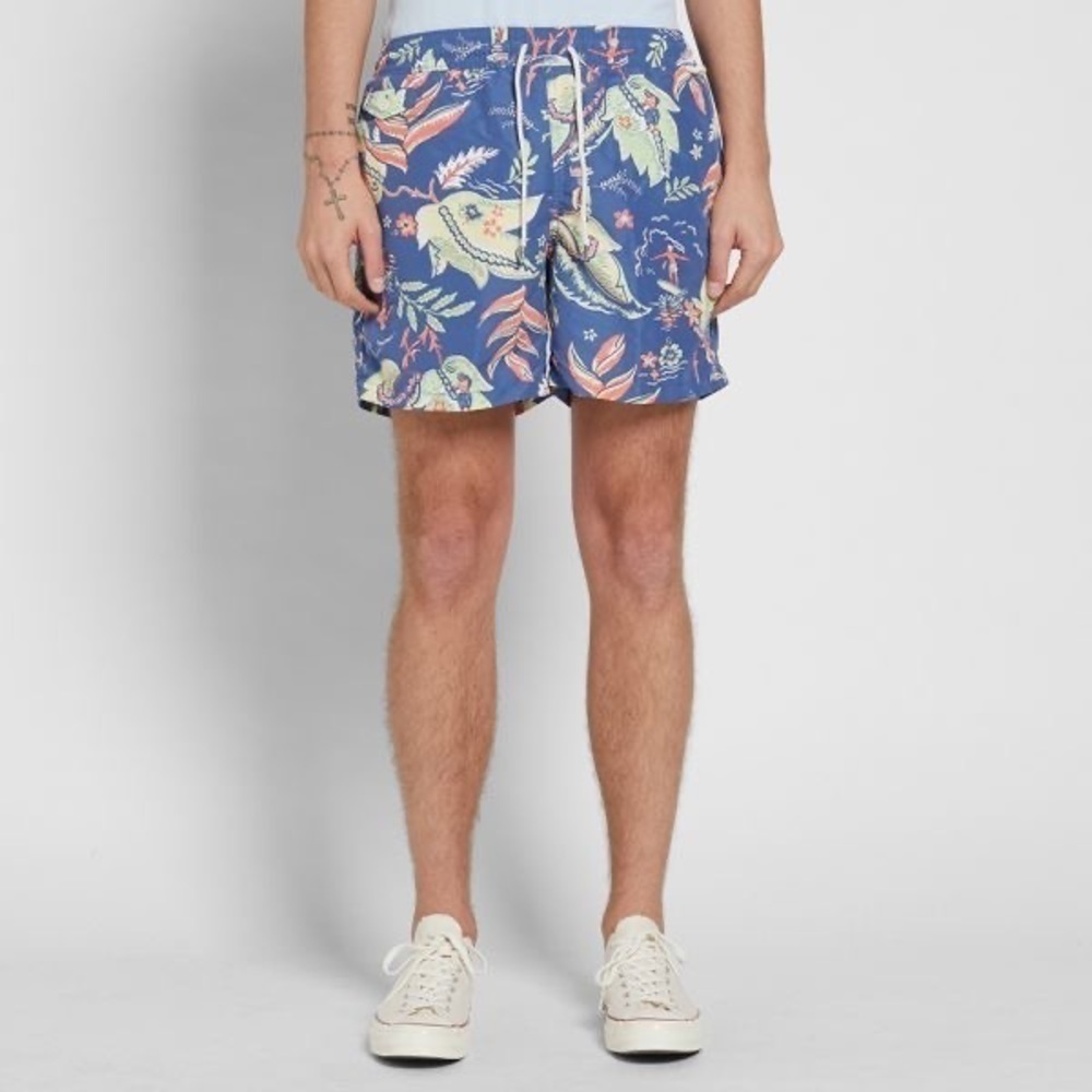 Polo Ralph Lauren Mens Swimsuit Swim Trunks Blue w/ hula, surfer Large